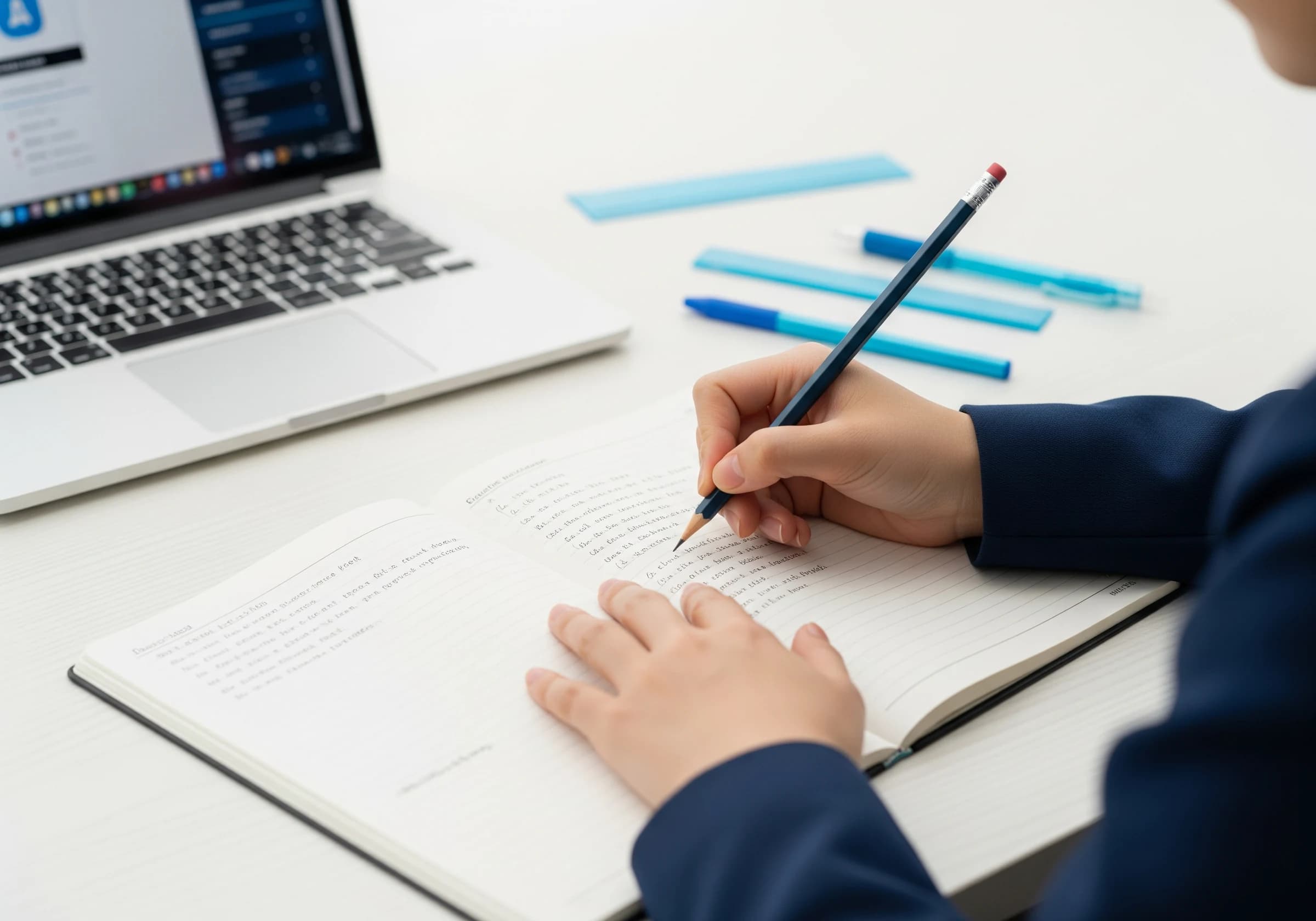 ノートに英語の練習を書き込む生徒の手元